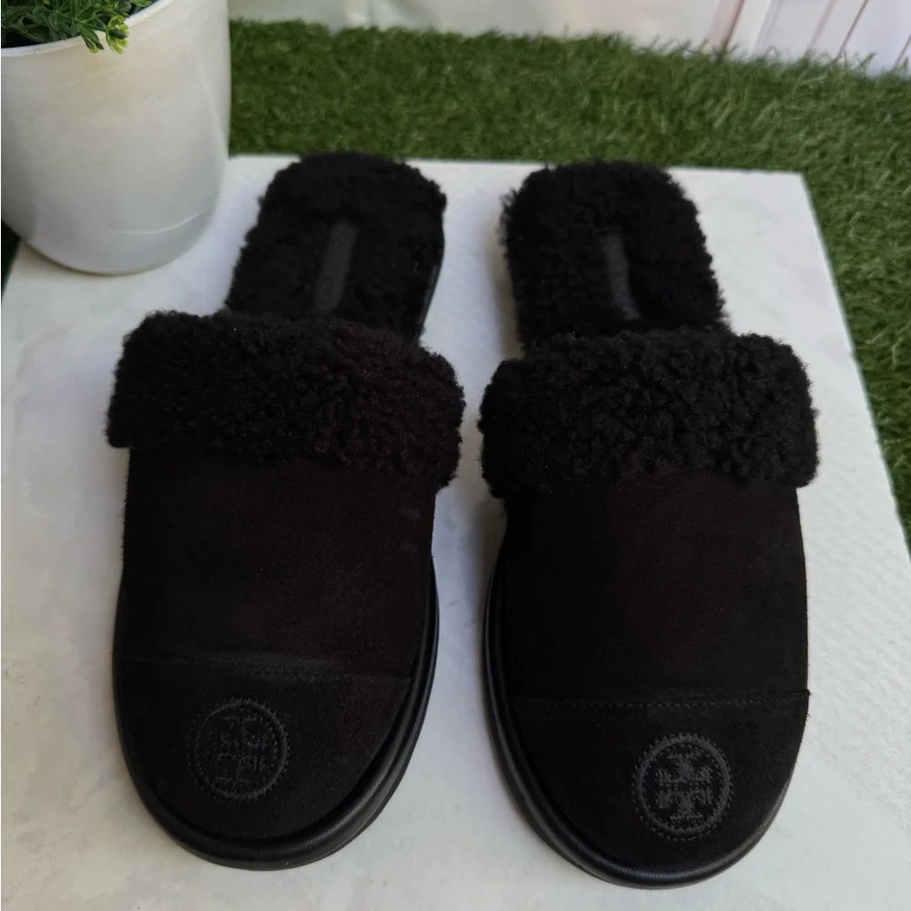 Tory Burch SLIPPER Women's Black Suede & Shearling Slides size 6.5 New